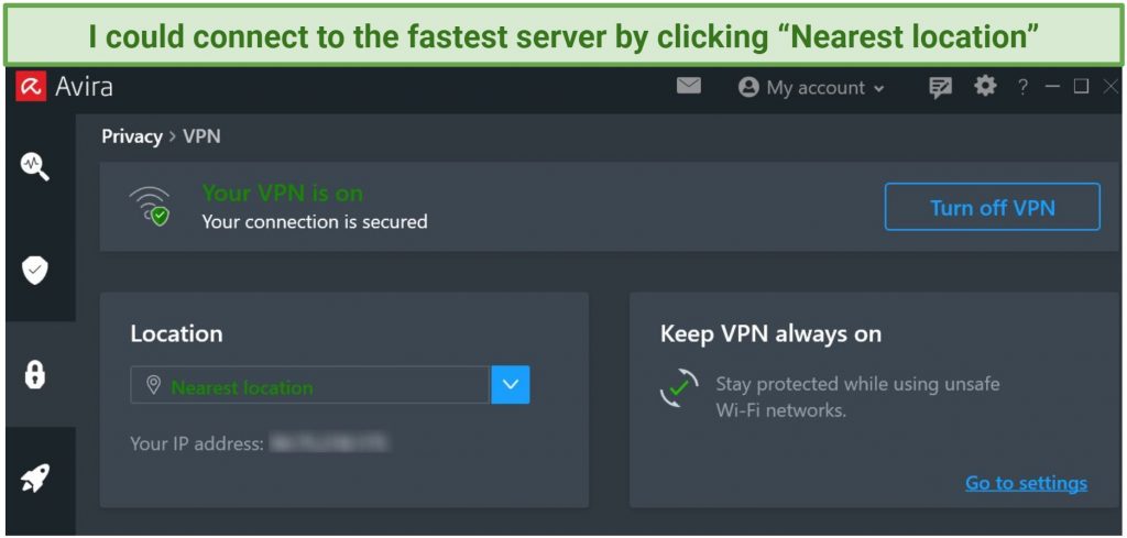 A screenshot showing how to connect to a server on Avira Phantom's dashboard