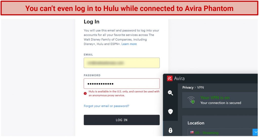 Screenshot of Hulu detecting Avira Phantom VPN and presenting an error message