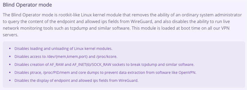 A screenshot of AzireVPN's website, explaining the blind operator mode