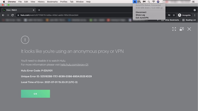 A screenshot of Hulu blocking my AzireVPN connection