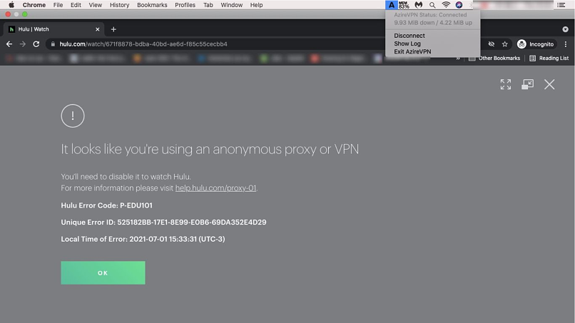 मेरे Azirevpn कनेक्शन को अवरुद्ध करने वाले Hulu का एक स्क्रीनशॉट