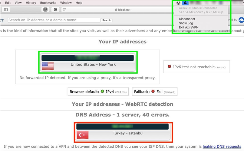 A screenshot of AzireVPN's DNS leak