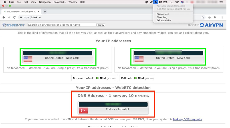 A screenshot of AzireVPN's leak test results