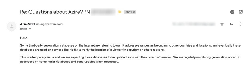 A screenshot of AzireVPN's response to my email.