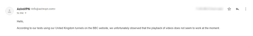 A screenshot of AzireVPN's support staff confirming BBC iPlayer can't be unblocked.