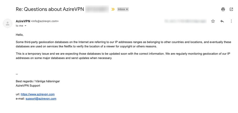 A screenshot of my conversation with AzireVPN support