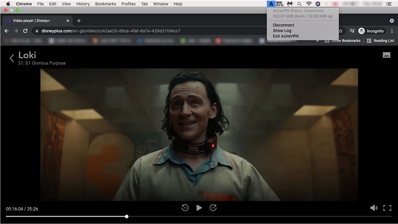 A screenshot of AzireVPN unblocking Disney+