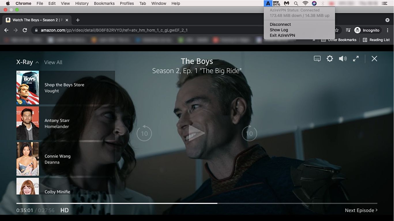 A screenshot of AzireVPN unblocking Amazon Prime Video