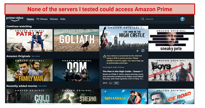 Screenshot showing Amazon Prime Video's homescreen blocking streaming access