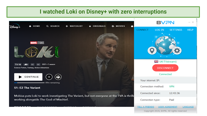 Screenshot showing Disney+ streaming Loki using bVPN's UK server