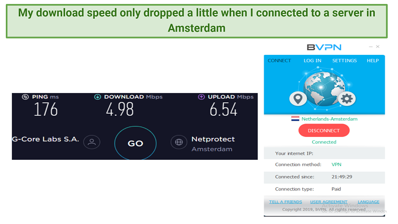 Screenshot showing download and upload speeds when using bVPN's Amsterdam server