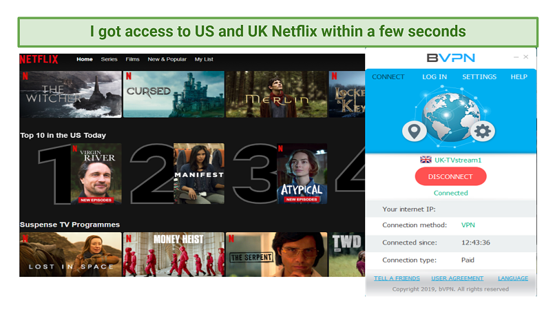 Screenshot showing Netflix homescreen using bVPN's UK server