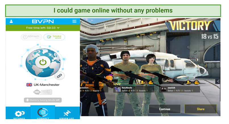Screenshot showing PUBG being played while connected to bVPN's UK server