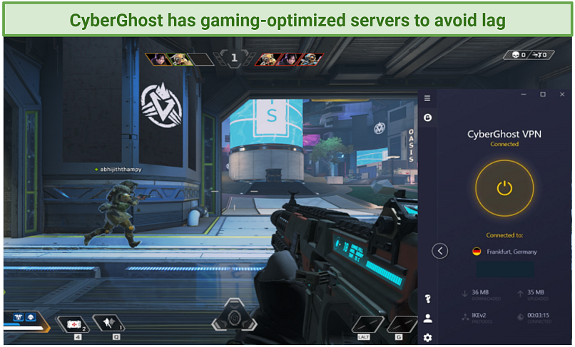 Screenshot of playing Apex Legends with CyberGhost connected