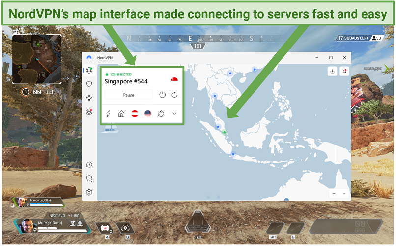 A screenshot of NordVPN's Windows app interface showing the world map and the server I'm connected to while playing Apex Legends in the background