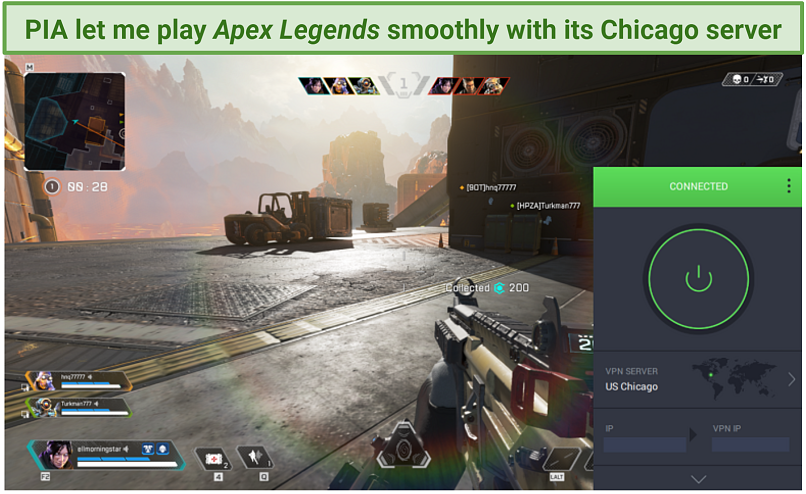 A screenshot showing an Apex Legends gameplay while connected to PIA's Chicago server
