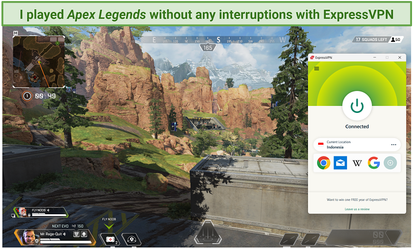 A screenshot showing an Apex Legends gameplay while connected to ExpressVPN's Indonesia server