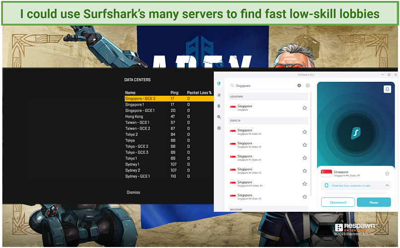 A screenshot of Surfshark's Windows app showing its Singapore locations while displaying ping and packet loss info on Apex Legends in the background