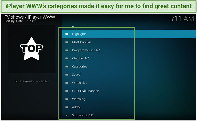 A screenshot showing the iPlayer WWW Kodi addon has great content