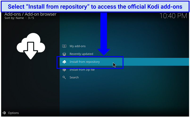 A screenshot showing the option you should click to access official Kodi add-ons