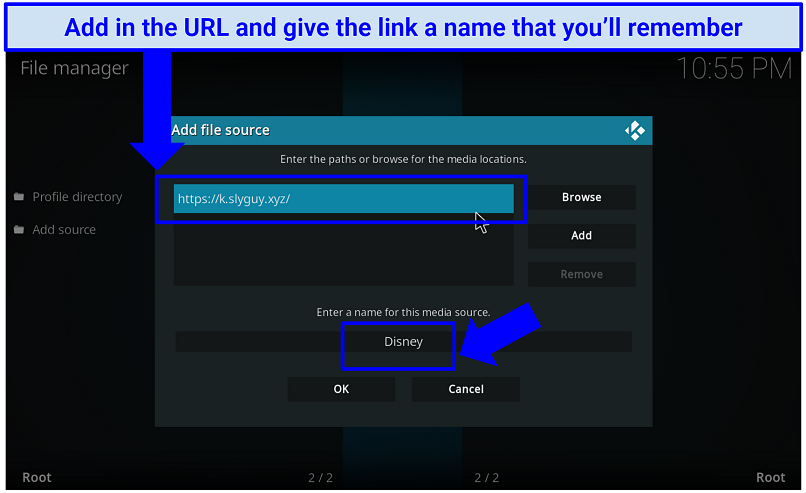 A screenshot showing it's easy to add the URL of a repository and give it a name in Kodi