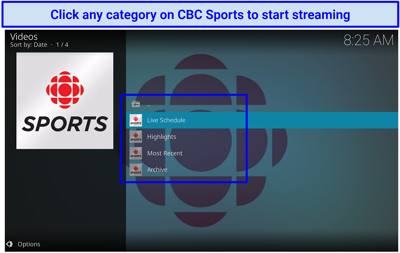 A screenshot showing the CBC Sports addon has a simple interface