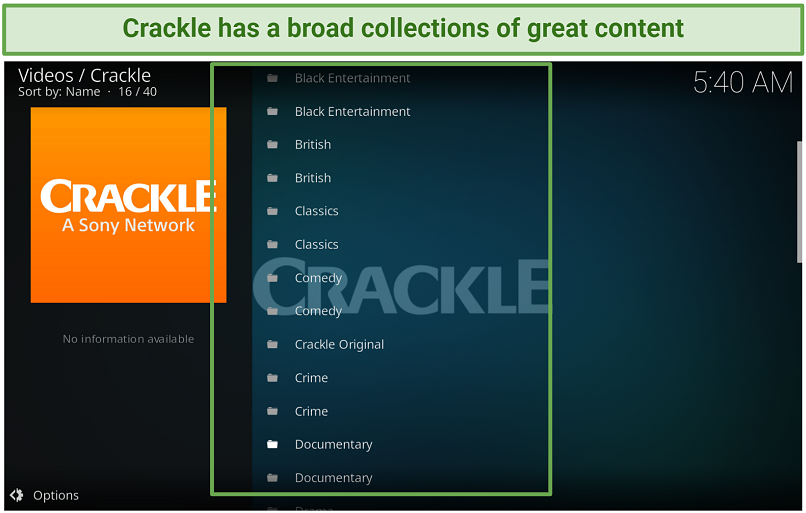 A screenshot showing the Crackle addon has a solid collection of great content.