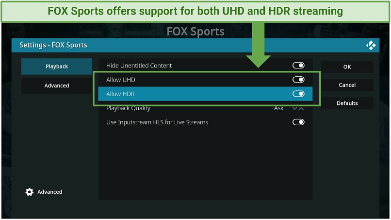 A screenshot showing FOX Sports Kodi addon support both UHD and HDR streaming