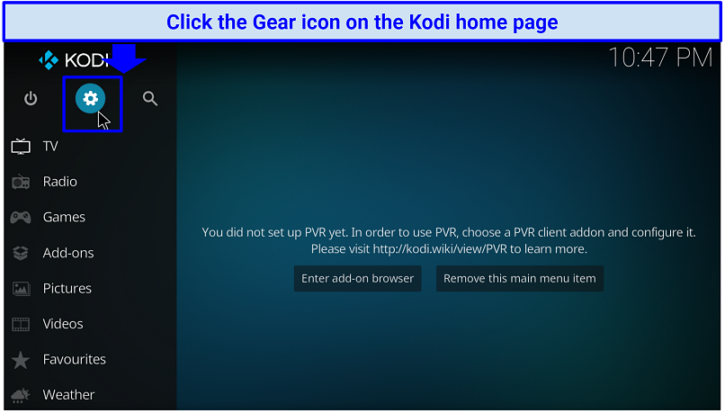 A screenshot showing the gear icon that you should click to install Kodi add-ons from third-party repositories