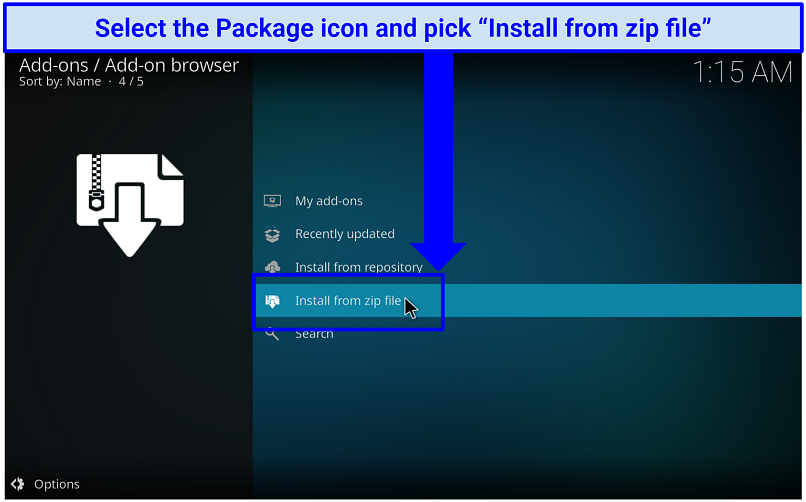 A screenshot showing the button you should click to install Kodi repositories from zip