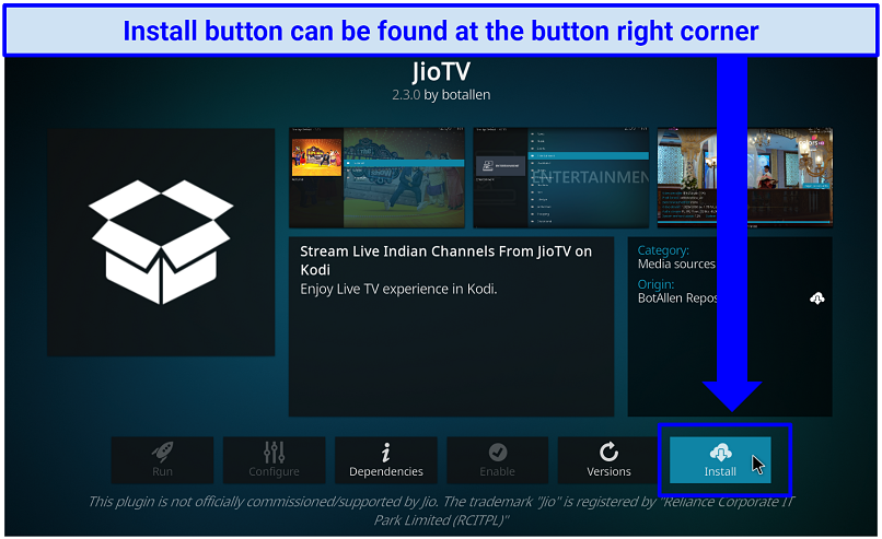 Screenshot showing the actual location of the Install tab on the JioTV addon.