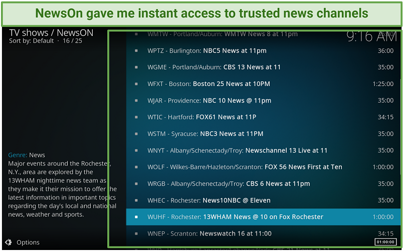 A screenshot showing you can use the NewsOn Kodi addon to stream trusted news channels across the US