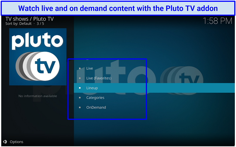 A screenshot showing the multi-category Pluto TV's addon