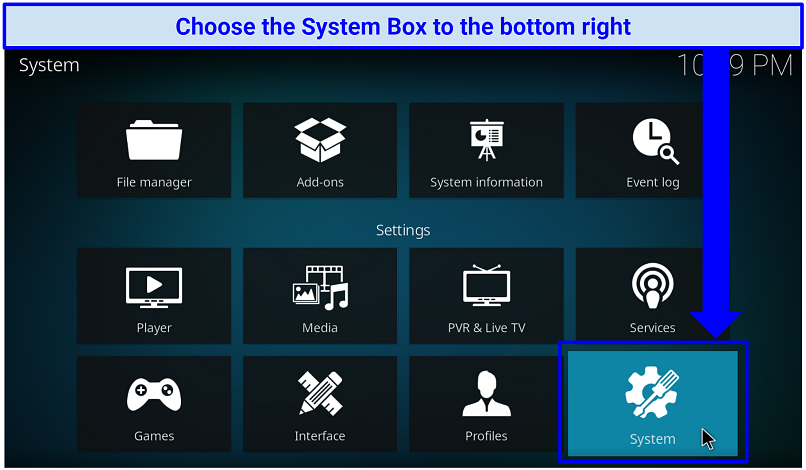 A screenshot showing Kodi's System box that takes you to the add-on area