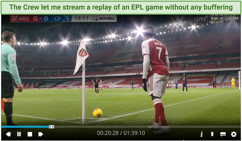 A screenshot showing the Crew addon lets me stream a replay of a Premier League match buffer-free