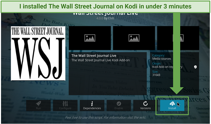 A screenshot showing you can install The Wall Street Journal addon on Kodi