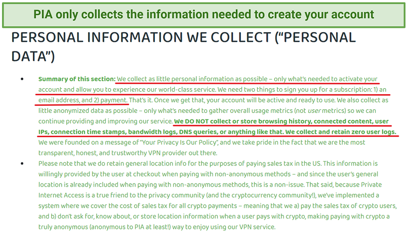 Screenshot of PIA's privacy policy
