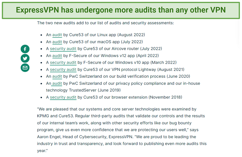 Screenshot showing a list of ExpressVPN's independent audits