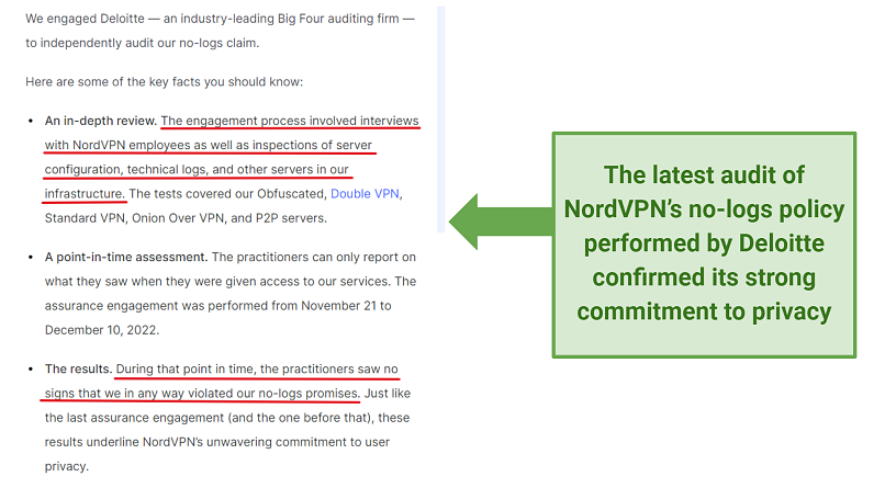 Screenshot of NordVPN's article about passing the no-logs audit