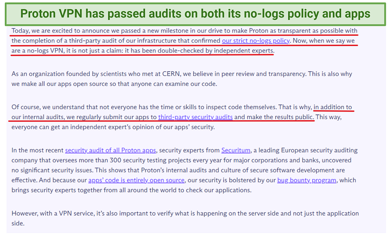 Capture d'écran d'un article du site ProtonVPN sur le passage d'un audit indépendant sur sa politique de non-logarithme
