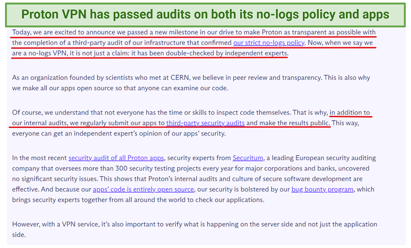 अपनी नो-लॉग्स पॉलिसी पर एक स्वतंत्र ऑडिट पारित करने के बारे में एक ProtonVPN साइट लेख का स्क्रीनशॉट