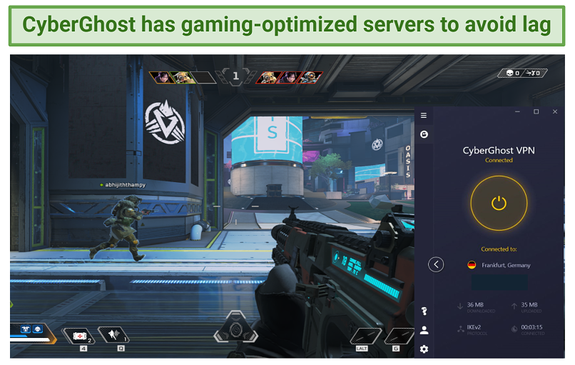 Screenshot of playing Apex Legends with CyberGhost connected