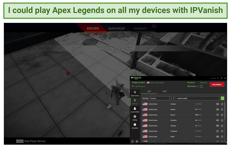 Screenshot of playing Apex Legends with IPVanish connected