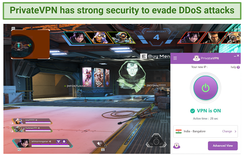 Screenshot of playing Apex Legends with PrivateVPN connected