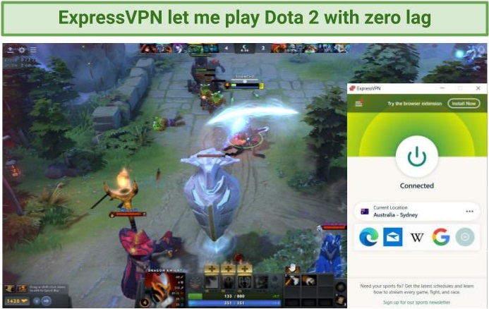 Screenshot of Dota 2 gameplay with ExpressVPN connected