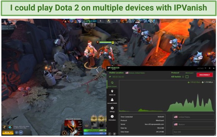 Screenshot of Dota 2 gameplay with IPVanish connected