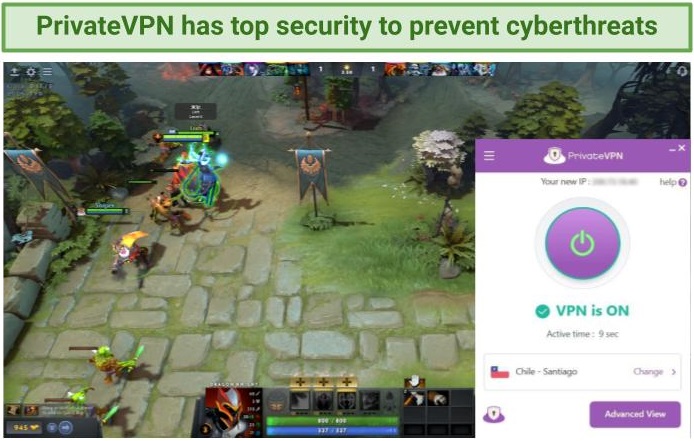Screenshot of Dota 2 gameplay with Privatevpn connected