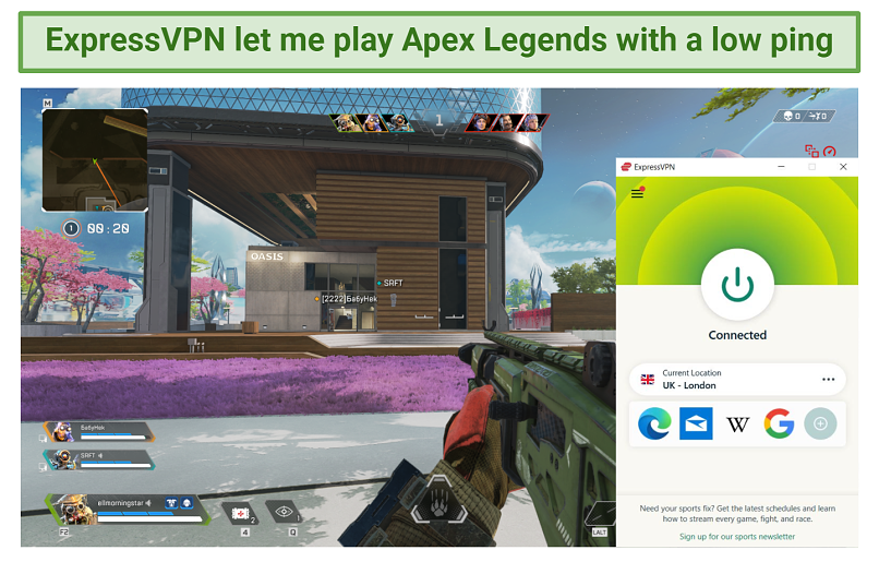 Screenshot of playing Apex Legends with ExpressVPN connected