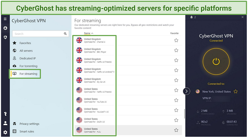 Screenshot of CyberGhost's Windows app interface showing the For Streaming Menu list of streaming-optimized servers