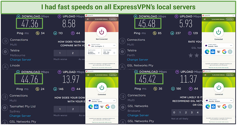 Screenshot of regular internet speed test result and 3 ExpressVPN local server speed test results